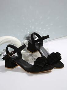 1 Pair Round Toe Floral Suede High Heel Sandals For Teenage Girls, 5cm Heel Height, Comfortable PU Non-Slip Wear-Resistant, Cute Princess Style Suitable For School, Party, Holiday, Spring/Summer