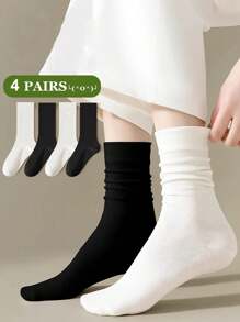 4 Pairs Of Black And White Women Wide-Mouthed Combed Solid Color Business And Casual Mid-Tube Socks, Fall