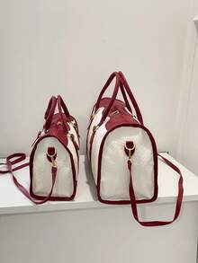 1pc Canvas Contrast Color Patchwork Fashion Duffle Bag,UnisexTravel Luggage,Suitable For Overnight Stay, Commuting,Short-Distance Travel(Small Size Fo R Commuting,Large Size For Short-Trip) Travel Essentials Holiday Vacation Luggage Suitcase Travel Bag For Women - Burgundy - View 7