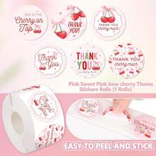 500 张/卷可爱粉色樱桃感谢自粘贴纸、派对密封标签、生日派对用品、PVC 贴纸密封、1 英寸圆形 6 种水果图案装饰贴纸 - 彩色 - 查看 6