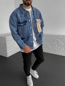 男士浅蓝色牛仔休闲拼接多口袋宽松夹克，秋季 - 藍色 - 查看 2