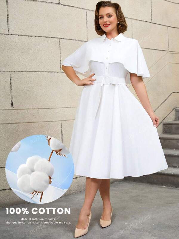 AOMEI Elegantes Hemdkleid für Damen in Weiß, mit Peterchen-Kragen, Umhangärmeln, Knöpfen, Gürtel und Retro-Midi-Länge