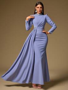 Elisanya Women's Solid Color Waist Pleated, Gathered Collar, Beaded Decor, Long Sleeve Maxi Elegant Dress