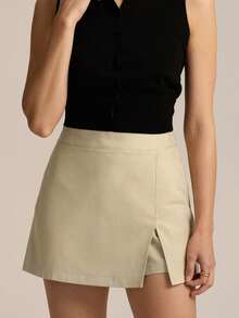 Women's Slim Fit Mini Skort With Side Zipper Casual Asymmetrical Split Hemline Skirts For Daily - Màu be - Xem 4