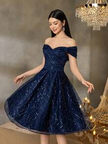 Đầm dạ hội trễ vai dáng lửng lấp lánh Alisa&Leo - Thích hợp cho các buổi dạ tiệc mùa hè, dạ hội tốt nghiệp và các sự kiện trang trọng của trường. - Màu xanh hải quân - Xem 1