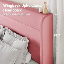 Allewie Full/Queen/King Size Platform Bed Frame With Velvet Upholstered Wingback Headboard, No Box Spring Needed, Under Bed Storage Space, Strong Wooden Slats, Modern Mattress Foundation, Easy Assembly, Pink