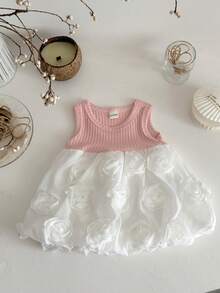 2 件套女婴甜美白玫瑰公主裙 + 长袖蝴蝶结动物耳朵开衫套装，春秋