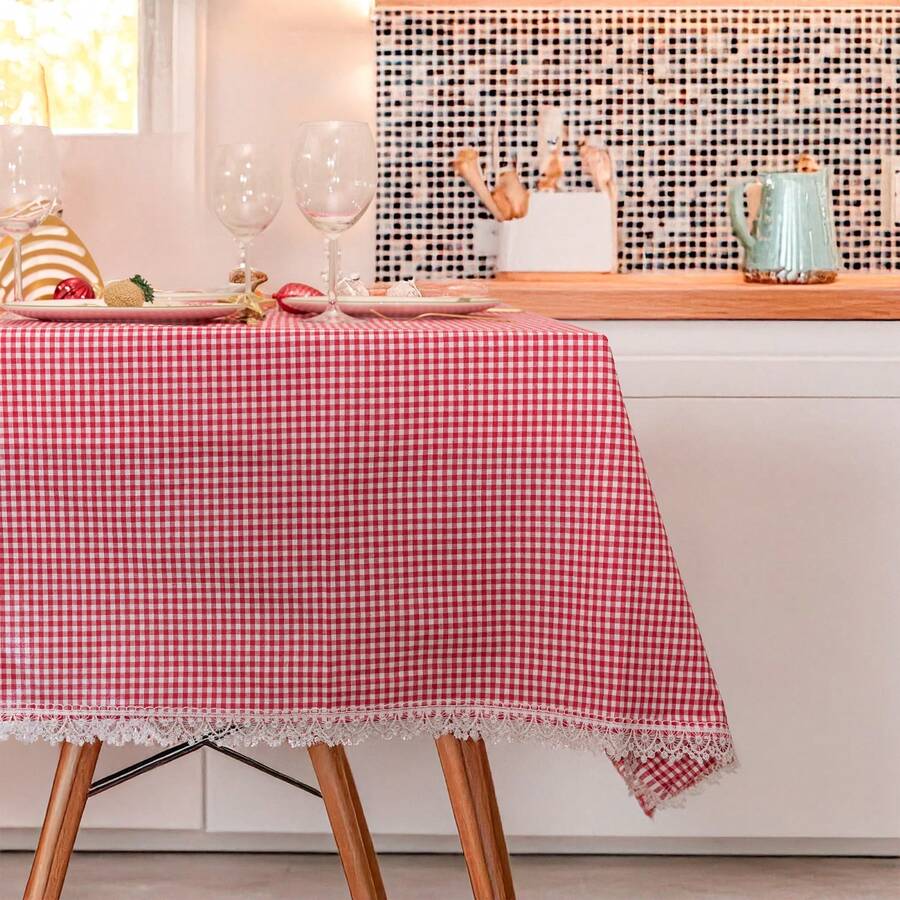 土耳其制造 - 100% 土耳其纯棉蕾丝边桌布 - 170x170 厘米 - 优雅方形餐桌布 - 可机洗 - 紅色 - 查看 1
