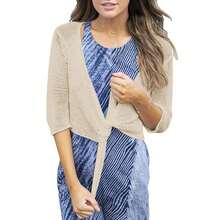 Women Tie Front Shrug 3/4 Sleeve Sheer Bolero Knotted Lightweight Cardigan For Women Tops Women Fall Outfits - 淺卡其色 - 查看 4