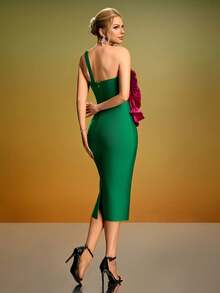 优雅性感撞色3D花卉装饰绿色露背水钻点缀派对礼服，适合晚宴、派对、圣诞节、情人节、婚礼等场合。 - 彩色 - 查看 2