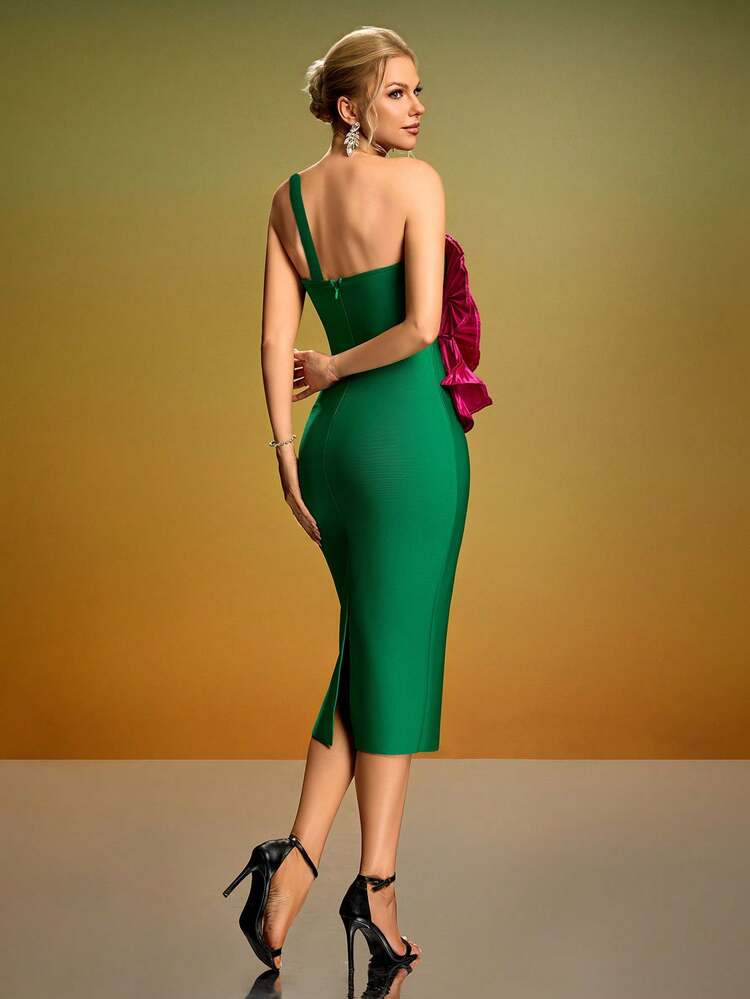 Elegant Sexy Contrast Color 3D Floral Decor Green Backless Rhinestone Embellished Party Dress, Suitable For Evening Date, Party, Christmas, Valentine's Day Wedding Spring - Multicolor - View 2