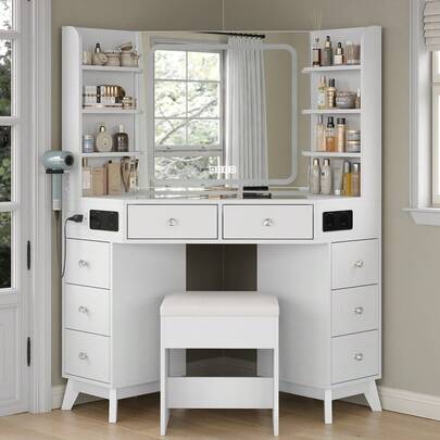 Yanosaku Modern Corner Vanity Desk With Mirror & Lights, Glass Top Makeup Vanity With Bluetooth Speaker, 8 Drawers, 6 Shelves, 3-Color Lighting, Dressing Table With Chair, White