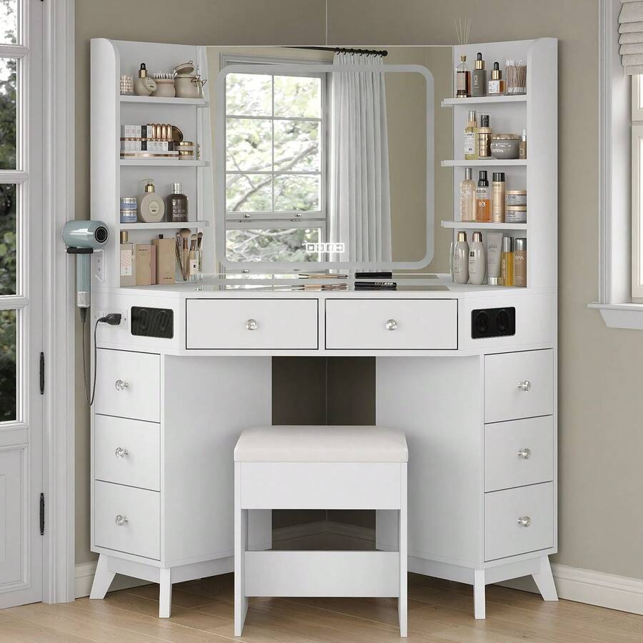 Yanosaku Modern Corner Vanity Desk With Mirror & Lights, Glass Top Makeup Vanity With Bluetooth Speaker, 8 Drawers, 6 Shelves, 3-Color Lighting, Dressing Table With Chair, White - Xem 1