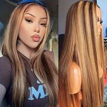 200% 密度直发 34 英寸蕾丝前假发，带婴儿头发 - 预漂白直发 13*6 蕾丝前假发，无胶混合发假发 - 渐变蜂蜜金色高光 P4/27 颜色蕾丝前假发，自然发际线 - 适合所有种族的优雅风格，耳到耳高清透明蕾丝前假发，巴西雷米真人混合发假发，适合初学者