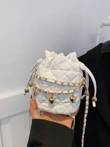 Solid Color Fashionable Rhombus Mini Drawstring Bucket PU Commuter Elegant Shoulder Bag For Women - Beige - View 10