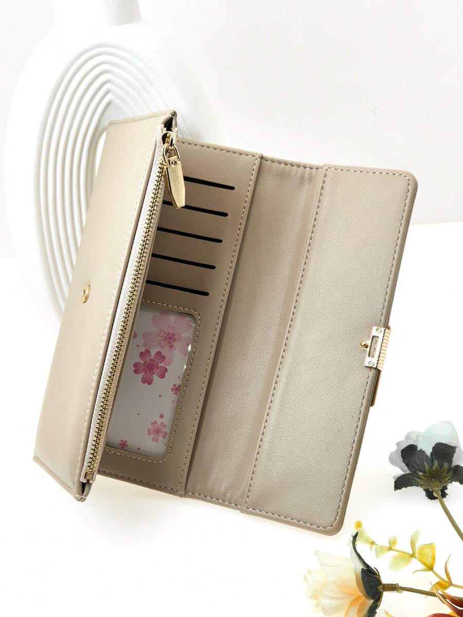 新款女士 PU 柔软长款钱包 时尚休闲大容量多功能手拿包卡包证件包携带方便适合作为节日礼物女士钱包钱包钱夹秋季 - 杏色 - 查看 1