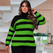 Plus Size Cold Knit Cacharrel Blouse With Thick Stripes And High Neck For Women - Negro y verde - Ver 2