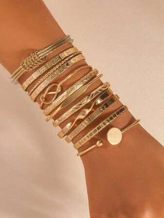 12pcs Fashion Metal Textured Heart Shape Bangle Bracelet Set, Boho Adjustable Layered Wristband, Suitable For Daily & Party Wear, Ideal Gift For Friends & Family