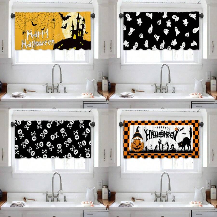 1 件万圣节系列印花窗帘，适合节日、派对、生日、晚宴、厨房窗户装饰短帷幔，适用于所有季节的房间装饰、家纺装饰短窗帘帷幔、餐厅节日派对装饰、秋季装饰、秋季装饰、房间装饰 - 彩色 - 查看 1