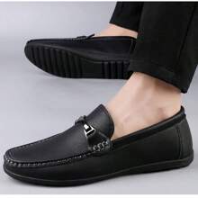 Men's Luxury Genuine Leather Penny Loafers, Casual Woven Style Slip-On Flat Shoes With Convenient Elastic Band, Suitable For Daily Wear, Weddings, Banquets, Office, Business Occasions In Spring And Autumn - Black - View 7