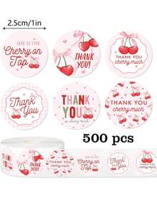 500 张/卷可爱粉色樱桃感谢自粘贴纸、派对密封标签、生日派对用品、PVC 贴纸密封、1 英寸圆形 6 种水果图案装饰贴纸 - 彩色 - 查看 7