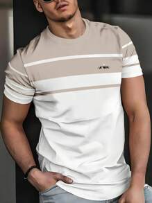 T-shirt décontracté à manches courtes respirant pour hommes - mélange de polyester léger d'été stretch, col rond, lavage machine, design bicolore avec détails de logo
