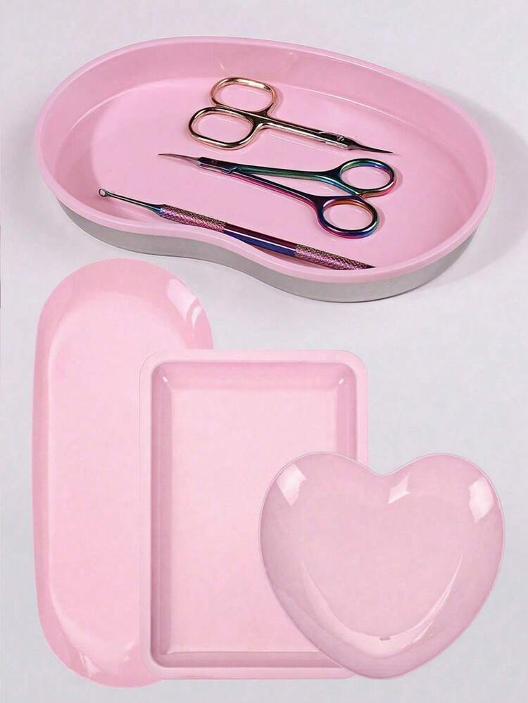 1pc Stainless Steel Disinfection Tray Set, Including Kidney Tray, Square Tray, Heart Tray, Oval Tray, Heat-Resistant Beauty & Nail Care Tools, Portable Disinfection Tray For Nail Salon - Pink - View 3
