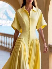 Notch Collar Button Front Maxi Dress Short Sleeves High Waist Pleated Shirt Dresses For Women - 黃色 - 查看 2