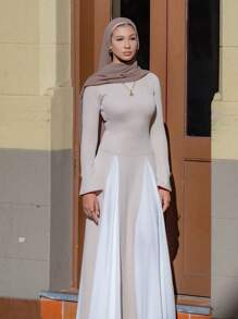 1 Piece Of Fashionable Women's Clothing Two-Color Contrast Gradient Style Long Dress, Soft Spring Tones Long Sleeve Cuffs Middle Eastern Dress Abaya
