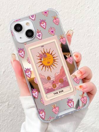 1pc Fashionable Personalized Sun & Heart Graphic Acrylic Mirror Phone Case, Compatible With IPhone 16 Pro Max/16/16 Pro/16 Plus/15/15 Pro Max/15 Pro/11/12/13/14 Pro Max/11 Pro/11 Pro Max/12 Pro/12 Pro Max/13 Pro/13 Pro Max/14 Pro/14 Pro Max, Creative High-End Design Waterproof Shockproof Anti-Fall Scratch Resistant
