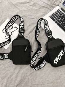 男士多功能运动单肩斜挎胸包，带USB充电口 - 黑色 - 查看 3