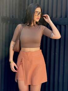 Cropped Blouse Short Sleeve Polyamide Suplex Round Neck Mia - Rust Brown - View 6