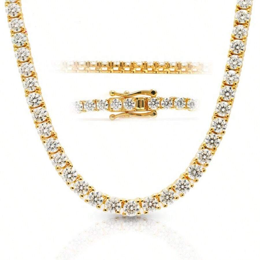 putouzip 18K Golden Plated Elegant Tennis Chain Necklace 5.0mm Round Cut Synthetic Diamonds Luxurious Men's Jewelry For Casual Attire Or Gifting - Vàng - Xem 1