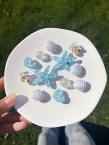 12pcs Cute (Blue Sequin Starfish, White Shell, Mushroom, Wave Heart) Shoe Clips, DIY Decorations, Suitable For Women's Sandals, Slippers, Beach Bags Multifunctional Shoe Clips - Perfect Gift For Holiday Parties And Special Occasions - Blue - View 3