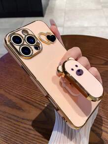 1pc Electroplated Cute Bear Grip Phone Case, Hidden Kickstand Shock-Proof Ultra-Thin Protective Cover Anti-Drop Camera Lens Full Coverage Soft Phone Case, Compatible With IPhone 7/8/11/12/13/14/15/X/XR/Xs/Plus/Pro/Pro Max/SE2/Mini Series Waterproof Scratch Resistant