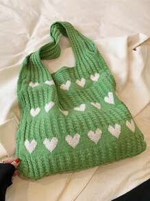 1pc情人节大容量红心针织手提包-女士休闲单肩沙滩包，新款针织心形手提包-甜美风格单肩包，情人节礼物，休闲手提包|可爱设计，夏季，沙滩，购物，多功能通勤包大容量 - 彩色 - 查看 9