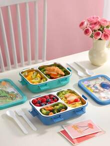 1pc Cute Cartoon Bento Box With Fork And Spoon, Divided Portable Lunch Box, Large Capacity Lunch Container, Leak-Proof Plastic Lunch Box, Stackable Lunch Compartments - Multicolor - View 4
