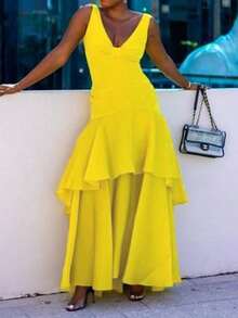 V-Neck Sleeveless Slim Fit Maxi Dress Yellow Layered Ruffled Resort Gown For Women - 黃色 - 查看 2