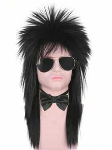 Morvally Unisex Long Black 70s 80s Mullet  Glam Rock-Rocker Cosplay Wigs For Women And Men's Halloween, Themed Costume Party - màu đen - Xem 2