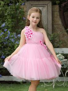 3D Flower Decor One-Shoulder Tulle Princess Dress For Girls, Suitable For Birthday Gift, Party, Wedding, Flower Girl, Holiday Celebration - Pink - View 4