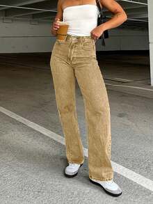 All-Match Slim Straight Leg Jeans - Khaki - View 4