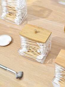 1 حامل أعواد القطن من الأكريليك مع غطاء من البامبو، موزع أعواد القطن الصغيرة الشفافة، حامل أعواد الأذن البلاستيكية، حاوية تخزين أعواد الأسنان، منظم تخزين ديكوري لأعلى الحمام