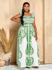 夏季大码女装日常休闲度假出游优雅性感约会无袖黑木耳边荷叶袖裹身热带印花长裙