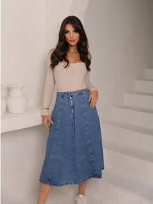 Women's A-Line Midi Denim Skirt, Stylish Winter Look - Light Wash - View 6