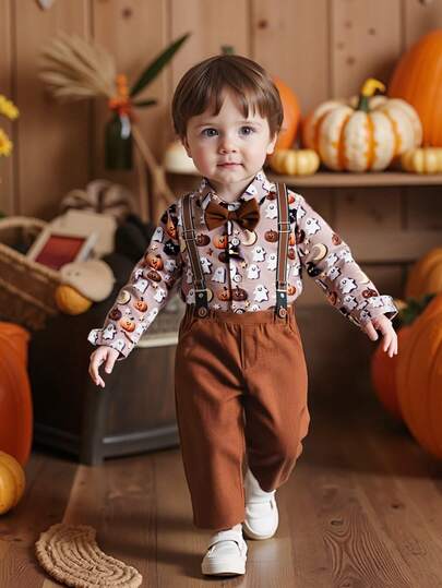 万圣节幼儿男童 9 个月 - 6 岁两件套，南瓜、黑猫、鬼魂印花长袖衬衫，背带裤，万圣节服装派对服装，婴儿衬衫，婴儿背带裤，男童节日服装，儿童派对服装，儿童万圣节两件套，9 个月 - 6 岁男童服装，婴儿角色扮演，婴儿节日套装，万圣节派对童装