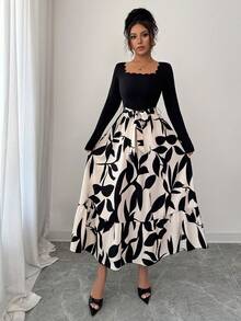 Vestido elegante de manga larga con cuello cuadrado, bajo curvo y estampado de plantas en patchwork para damas - Negro - Ver 6