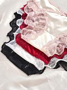 4 peças [ especial exclusiva] Calcinha triangular feminina sexy com borda de renda translúcida, confortável e suave para a pele, romântica, com design de laço fofo real, estilo fada doce (vermelho e branco), calcinha feminina vermelha para uso diário