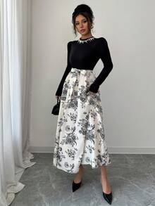 女士3D珍珠装饰长袖花卉拼接弹力连衣裙，适合节日派对、秋冬季黑色度假春季优雅 - 黑色 - 查看 7