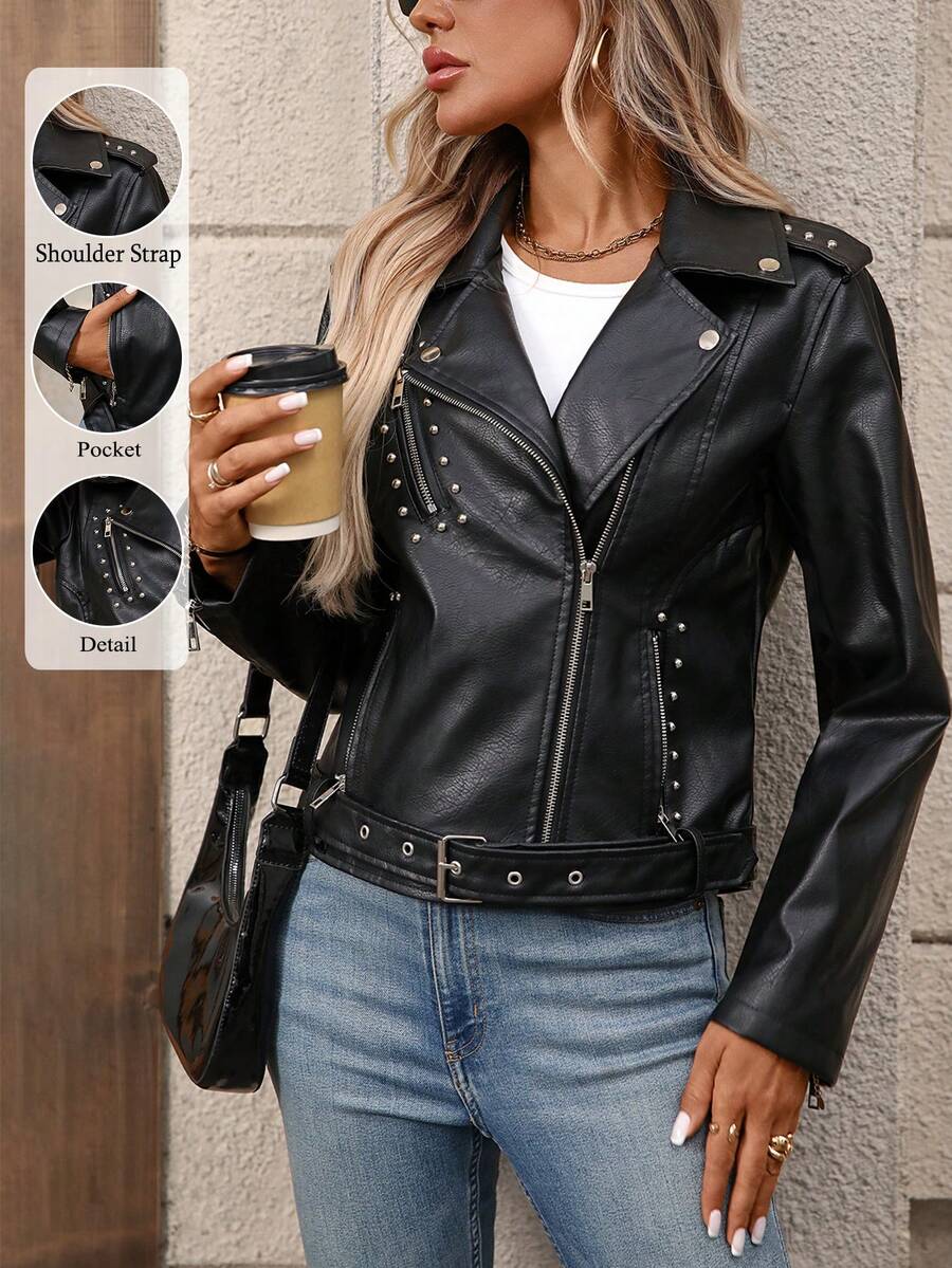 女士仿皮朋克铆钉夹克，带腰带的摩托车夹克