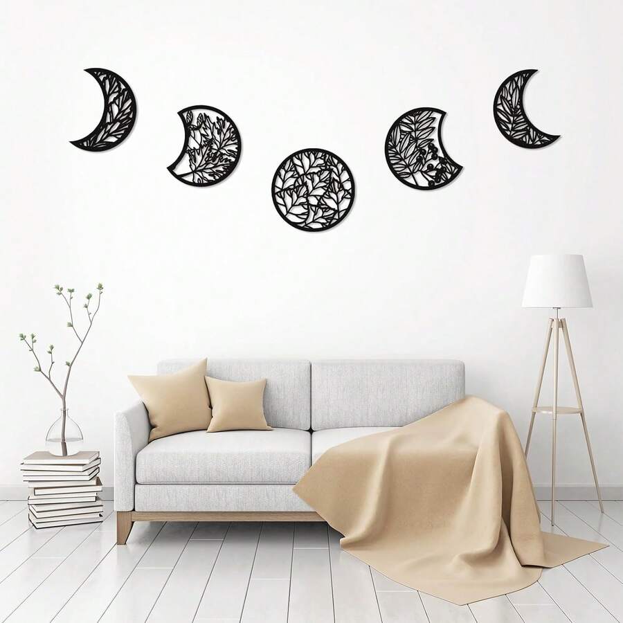 5 Pcs Moon Phase Wall Decor Hanging Wooden Moon Phase Wall Art Nordic Art Boho Decor For Room Bar Ornament(Black,10.6 Inch) - 黑色 - 查看 1